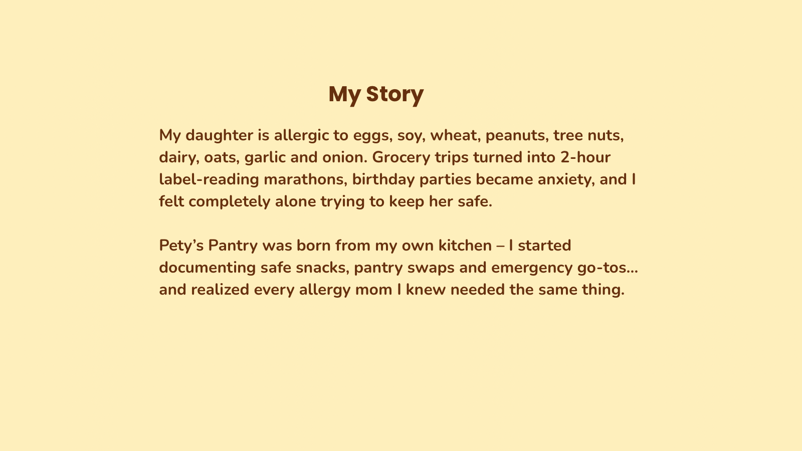 Text on a beige background about a mother's experience with her daughter's allergies and the creation of Pety's Pantry.