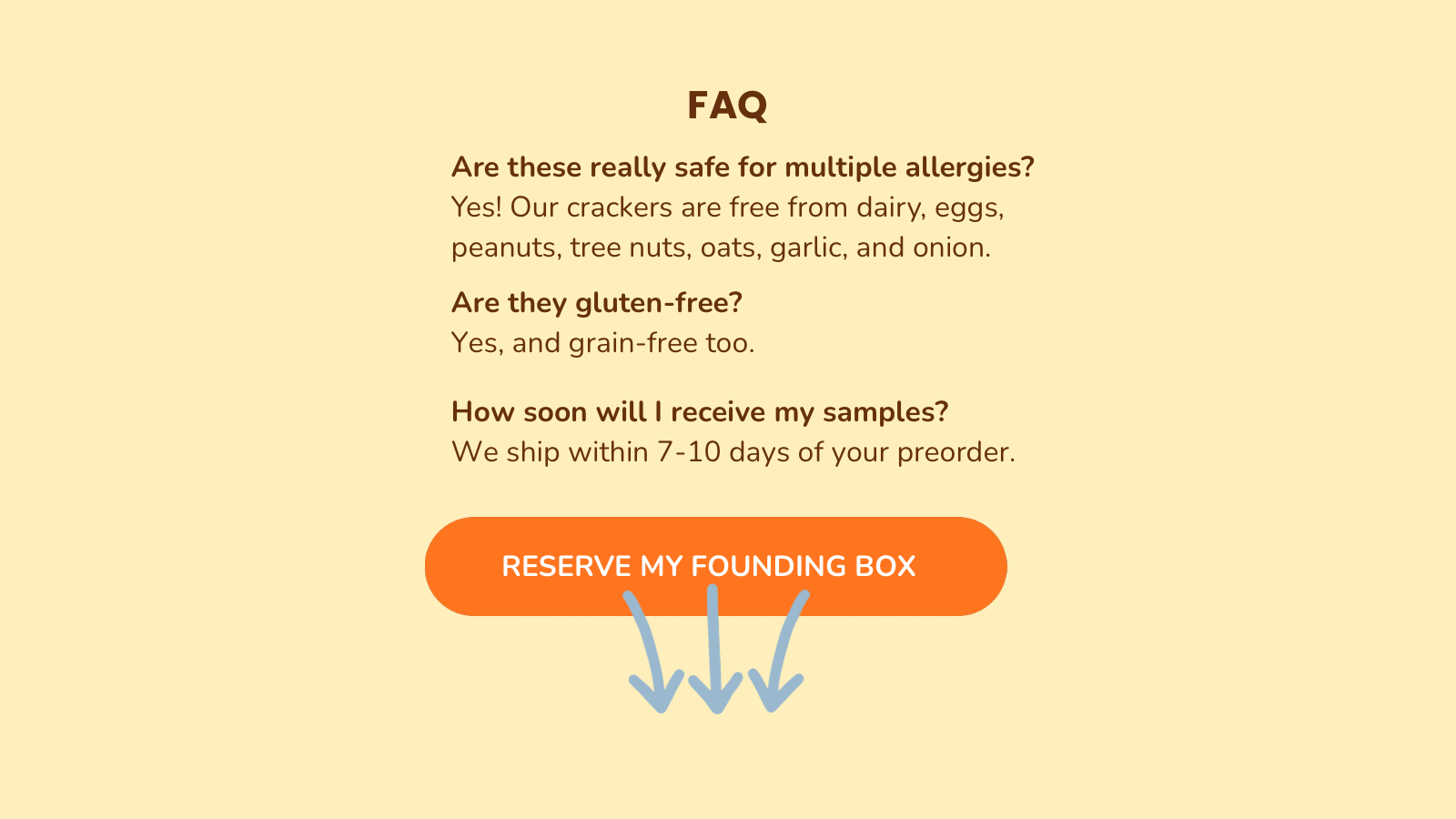 FAQ section on a beige background with text about allergen-free crackers and a call to action button.